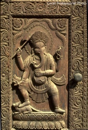 Ganesh on a Carved Wooden Door