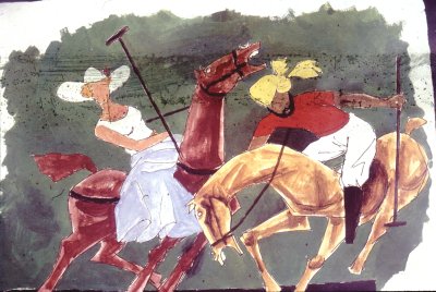 Woman and Sardar at Polo -- Painting by M.F. Husain