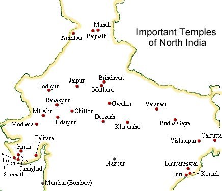 Map showing important temples of North and Central India