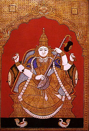 Goddess Saraswati in a Tanjore style painting